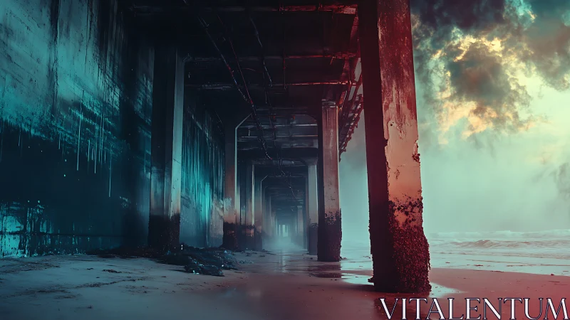 Under the stormy pier, neon tides whisper to the shore.