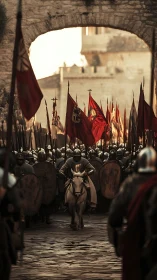 Armored cavalry leads medieval army through stone gate.
