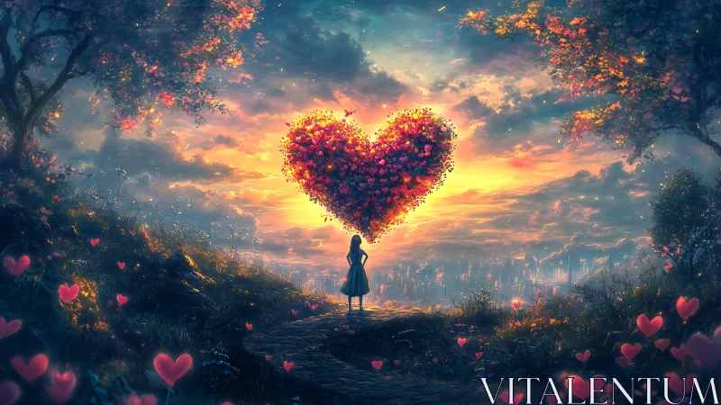 Solitary figure observing luminescent heart formation against sunset atmosphere.
