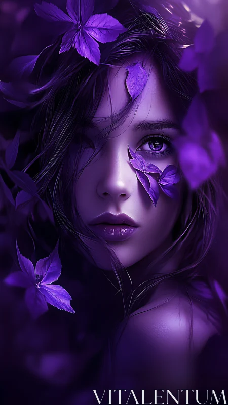 Violet toned digital portrait of woman with purple leaves.