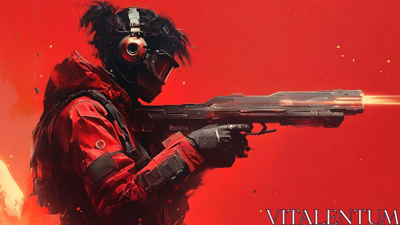 Cybernetic marksman in red exosuit with energized rail rifle