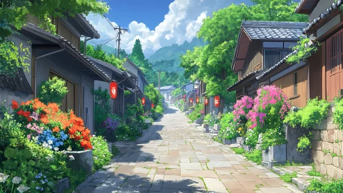 Sunlit stone alley renders traditional houses with dense floral borders