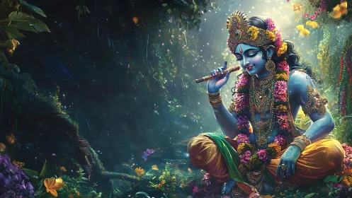 Divine blue deity playing flute in lush forest glade.