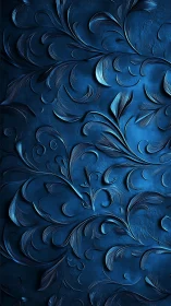 Embossed blue floral scrollwork flows across textured surface