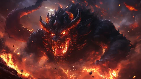 Infernal horned demon emerging from molten volcanic inferno