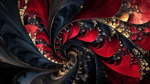 Helical crimson-gold fractal vortex with recursive petal filaments.
