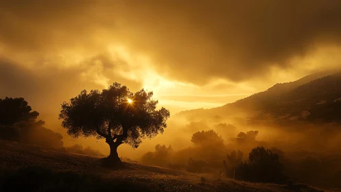 Solitary hillside tree amid golden misty sunset glow.