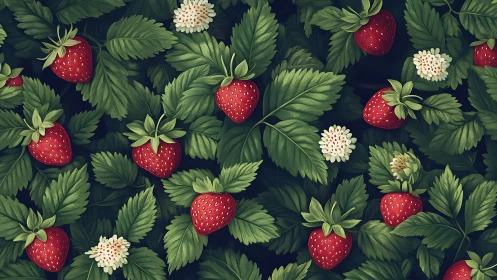 Lush strawberry garden pattern with ripe fruit and blossoms.