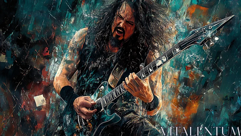 Passionate rock guitarist lost in a whirlwind of color.