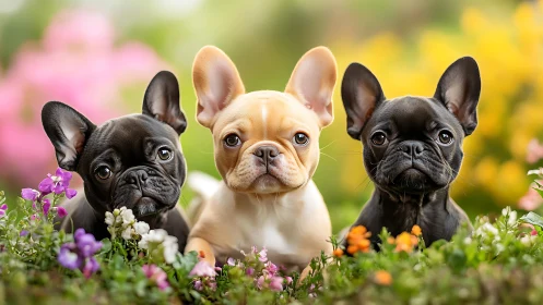 Sweet French bulldog trio sharing a colorful garden moment.