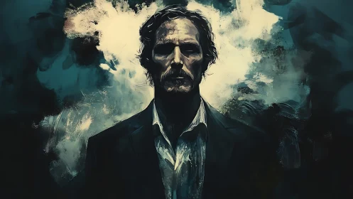 Stormlit drifter stands carved from shadow and paintstorms.