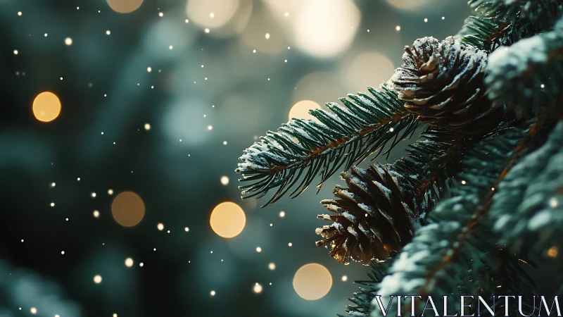 Snowy pinecones glowing softly in cozy winter light.