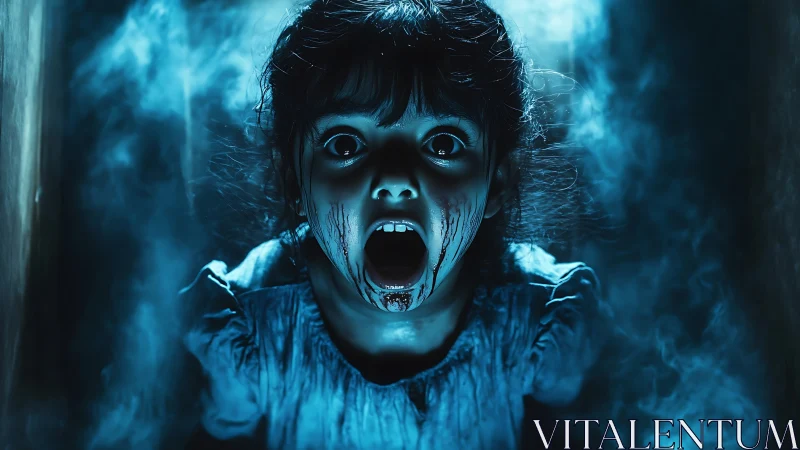 Photorealistic low-key horror portrait of possessed child.