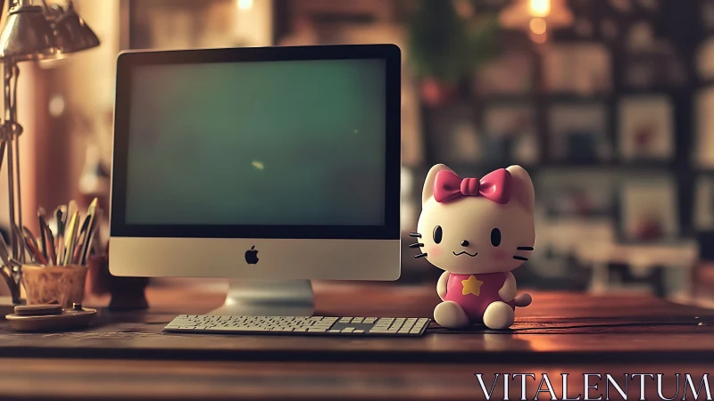 Cozy desk nook with cute cat mascot and glowing iMac screen.