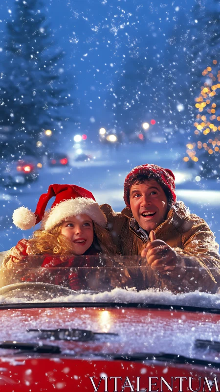 Father and child in car during snowy winter evening drive.
