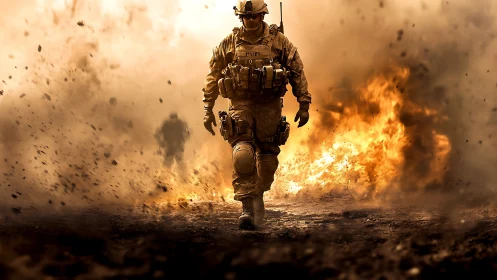 Tactical infantry operator advancing through firestorm debris.