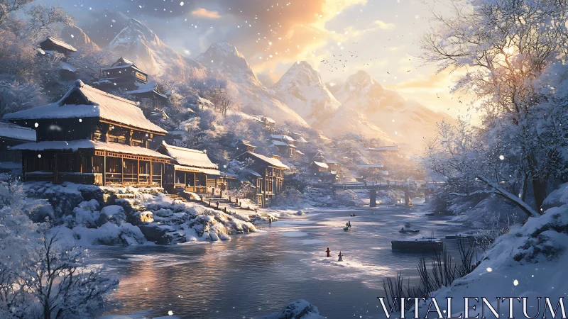 Snowlit riverside village under golden mountain sunrise.