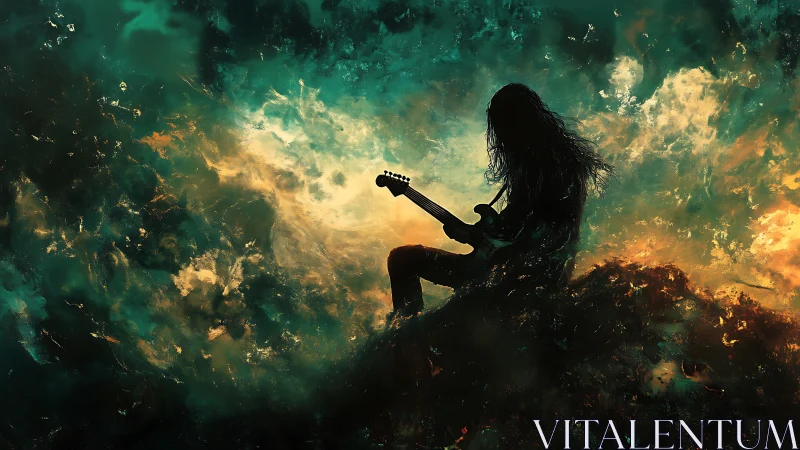 Silhouetted rock guitarist against stormy abstract sky.