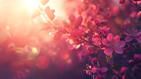 Pink Blossoms Backlit by Golden Hour Sunlight.