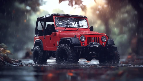 Crimson trail crawler grins through a silver jungle downpour
