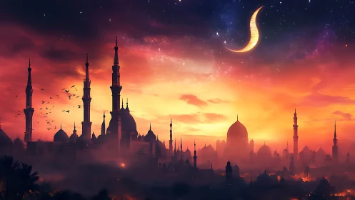 Silhouetted mosque cityscape under crescent moon at dusk.