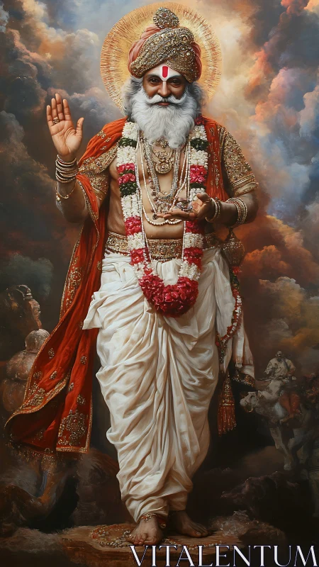 Radiant sage strides through storm-lit heavens with calm grace