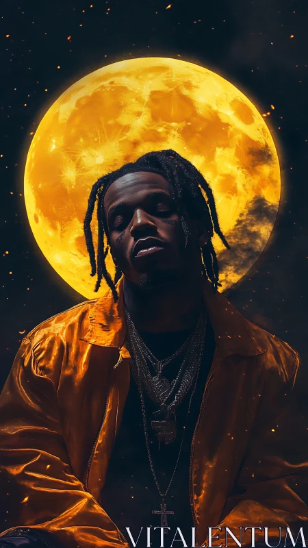 Portrait of man in gold jacket under large yellow moon.