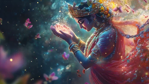 Divine woman in ornate dress holding glowing magic light.