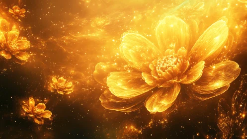 Radiant golden blossoms drift through luminous cosmic void