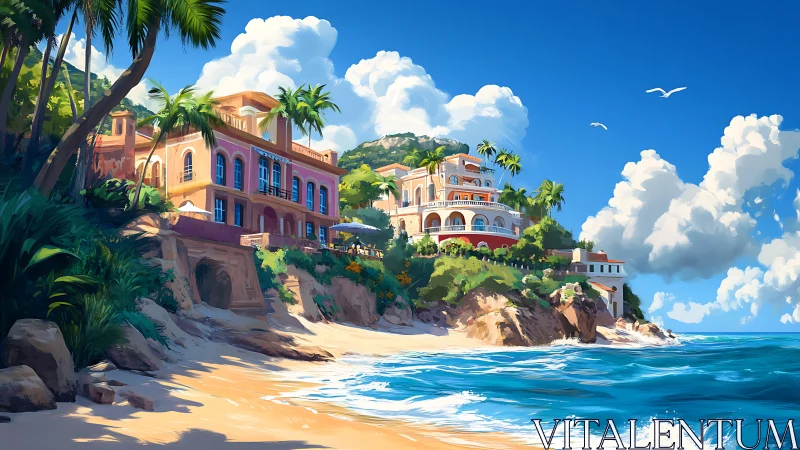 Sunlit cliffside villas sipping turquoise ocean breeze.