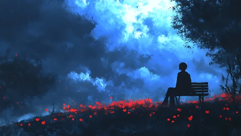 Solitary dreamer stitches silence into a neon twilight sky