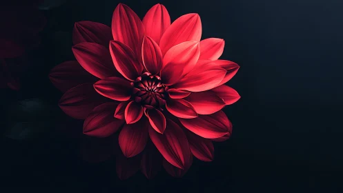 Crimson Dahlia Bloom Against Dark Background.