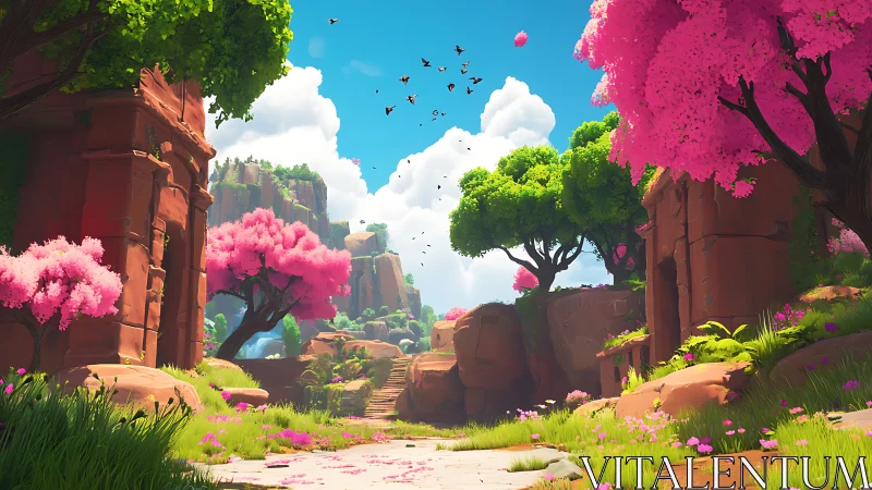 Blossom canyon gateway where ancient stone dreams in pink.