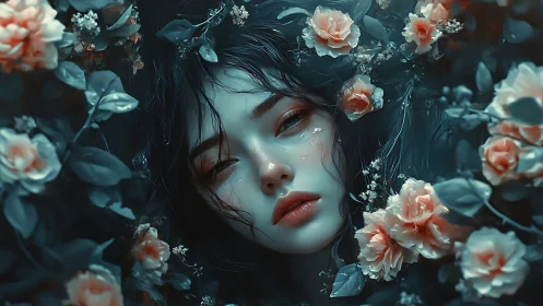 Female face framed by roses in dense teal foliage.