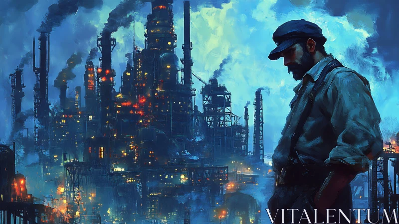 Melancholic foreman broods beside a burning steel labyrinth.