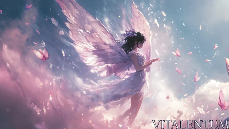 Winged girl stands in glowing pastel clouds with butterflies