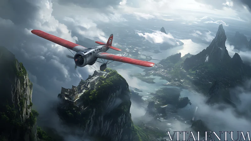 Crimson winged aircraft skims stormlit jade mountain coast.