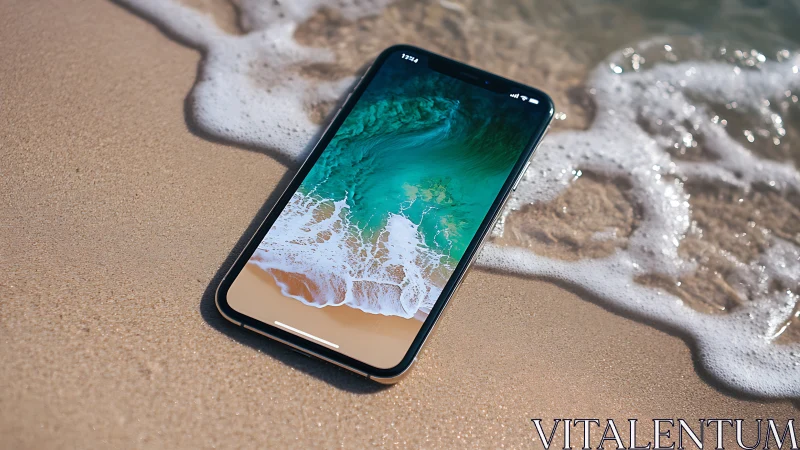 Smartphone on wet shoreline sand with active display, waves