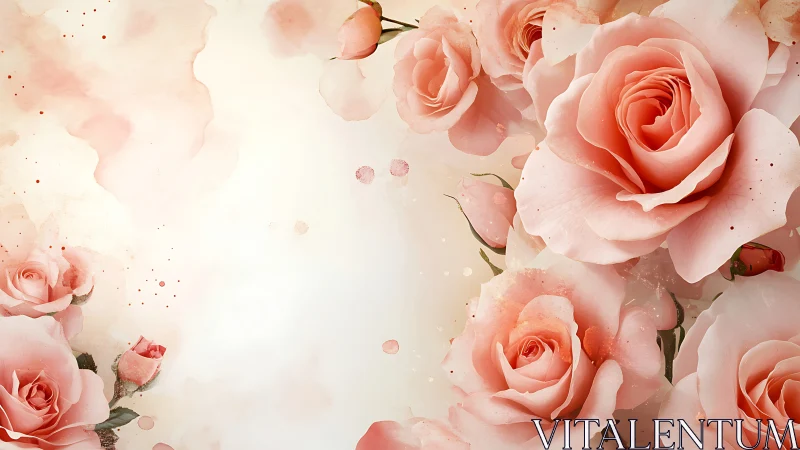 Soft Coral Roses Blooming Against Cream Backdrop.