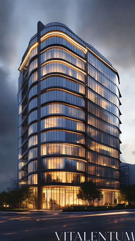 Glass tower glows warmly against a dramatic evening sky