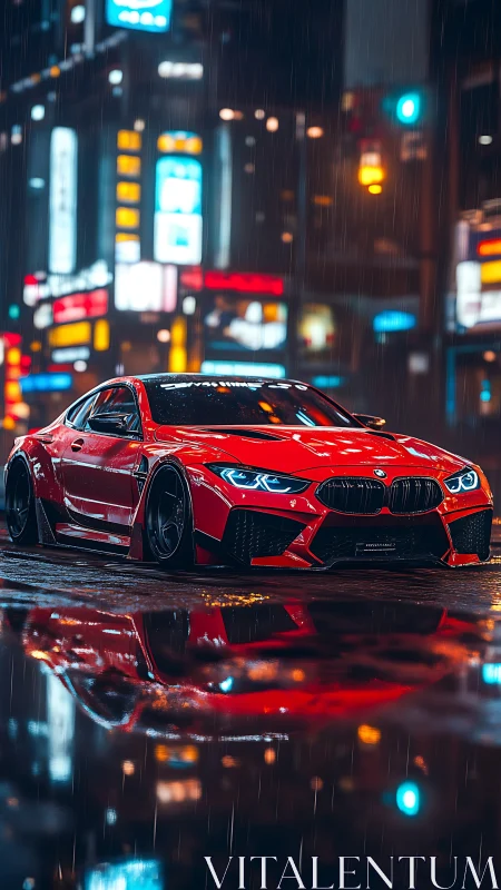 Modified red sports coupe on wet neon city street at night.