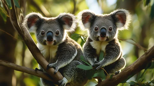 Twin koalas rest on eucalyptus branches in warm forest light.