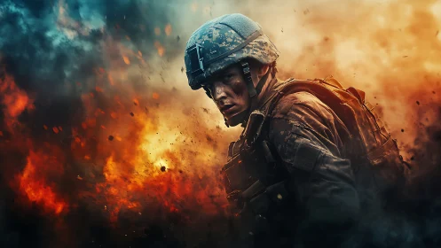 Soldier emerges through blazing battlefield chaos and smoke