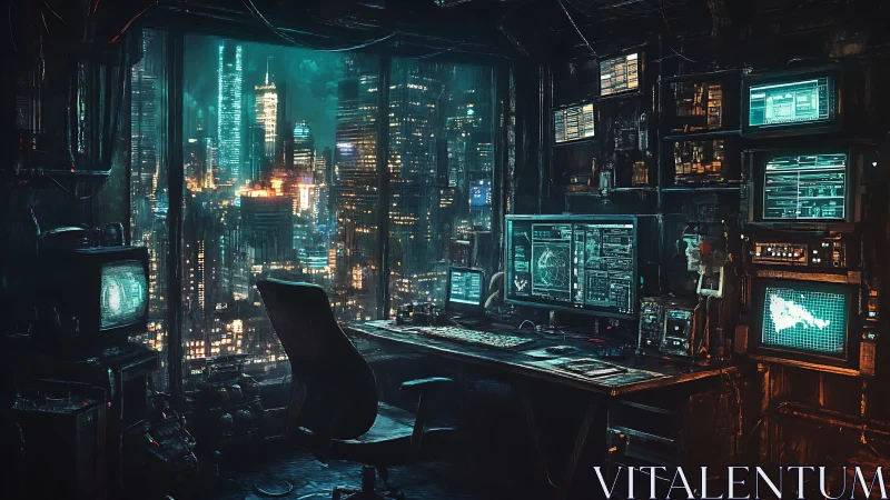 Neon midnight hacker nest above a restless data city.