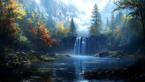 Mystic waterfall cascades into a tranquil autumn valley lake
