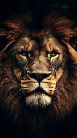 Front-facing close-up of mature male lion against dark field.