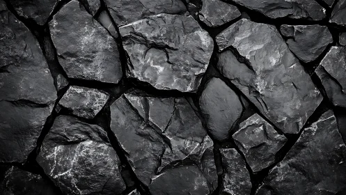 Monochrome fractured stone wall texture in close-up detail.