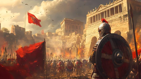 Roman heavy infantry assaulting burning classical citadel walls