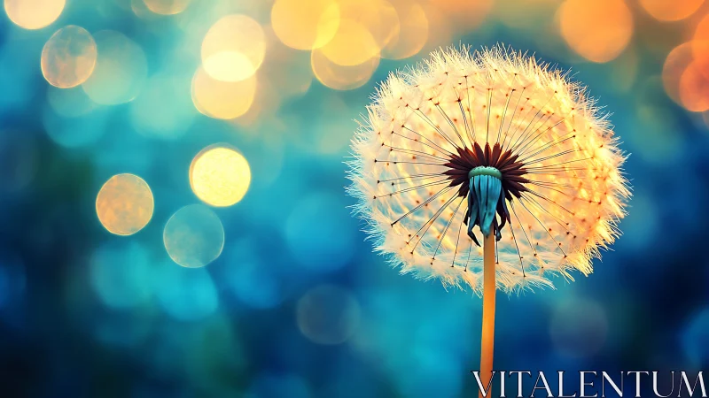 Luminous dandelion halo against dreamy bokeh twilight sky.