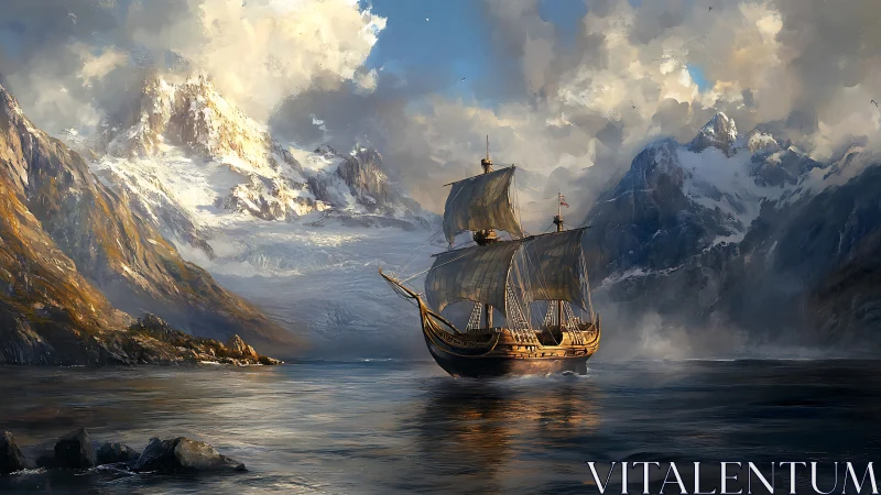 Sailing ship crossing cold fjord beneath vast snowy peaks.